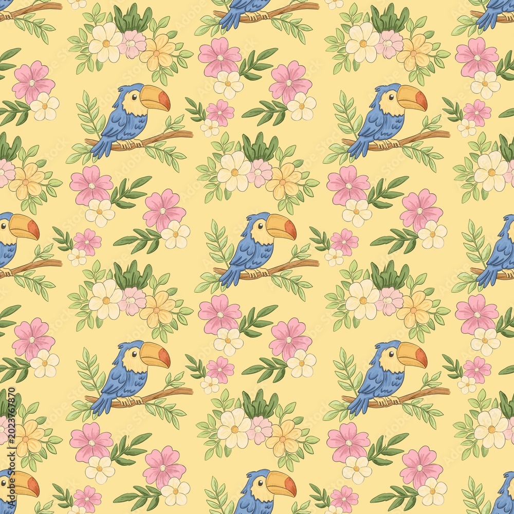 Fototapeta premium Vibrant pattern with blue toucans and pink flowers against a light yellow backdrop, suitable for various design applications including textiles and wallpapers
