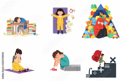 Foto Set of children characters experiencing stress, academic pressure, exhaustion, and emotional struggles in various daily life situations, vector illustration isolated on white background