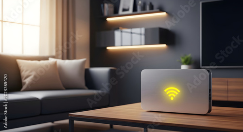 Modern wifi router on a wooden table in a cozy living room interior