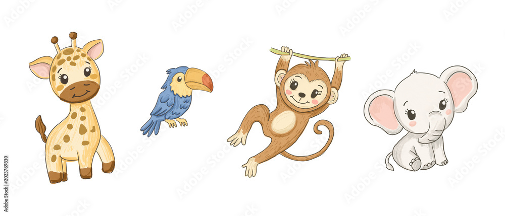 Obraz premium Cartoon illustration of a giraffe, toucan, monkey hanging from a branch, and a cute elephant, all designed in a playful and colorful style for children's content