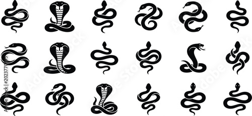 Foto Black Snake and Cobra Silhouette Icon Set with Reptile Symbols, Serpent Shapes,