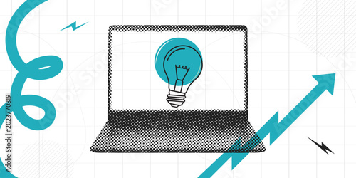 Idea concept illustration featuring lightbulb on laptop screen with upward trending arrow.