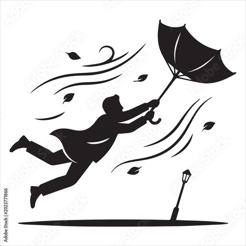 humorous black silhouette person flying with umbrella in heavy wind