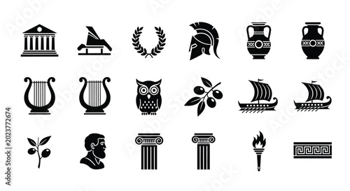 Foto Ancient greek history and mythology icons set featuring temple amphora gladiator helmet olive branches owl and ships in black silhouette vector graphics