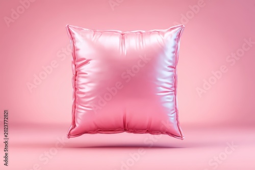 A shiny, pink, square-shaped pillow floats against a matching pink background, showcasing smooth texture and subtle creases.