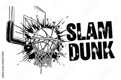 Photos slam dunk basketball in hoop grunge sketch vector illustration