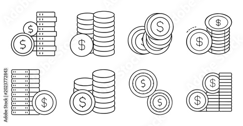 Flat icons showing money and coins in stacks - Colorful flat icons illustrating different stacks of coins and money bags for financial or business themes.
