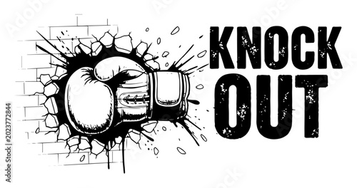 Schilderij op canvas knock out boxing glove punching through brick wall vector