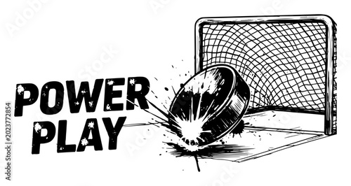 Photography power play hockey puck scoring a goal grunge vector poster