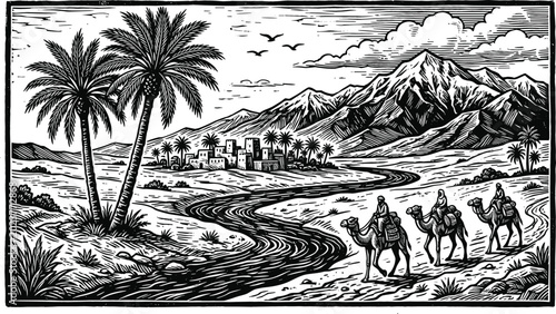 Φωτογραφία Vintage desert oasis landscape sketch with camel caravan riders palm trees middl