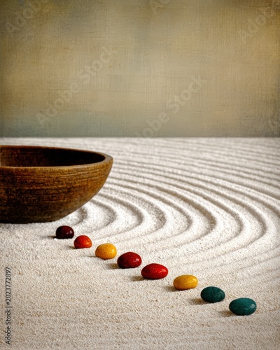 A serene zen garden setup with a wooden bowl and colorful stones arranged on raked sand patterns symbolizing calm and balance.