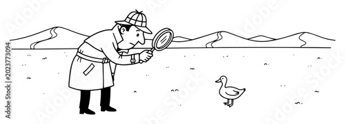 Fotografie funny detective investigating a duck in desert cartoon vector