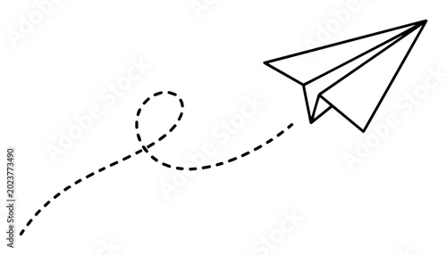 Photos minimal paper airplane dashed flight path black and white vector illustration