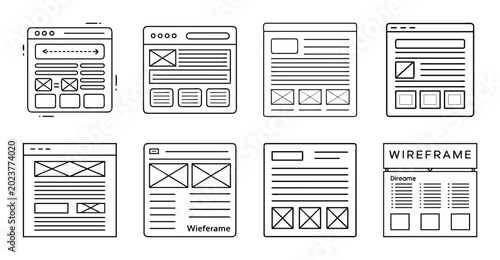 Wireframe mobile and web app interface designs - Collection of clean wireframes showing mobile app and web interface layouts with placeholders for content and navigation elements