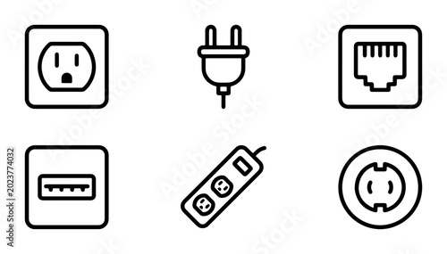 Foto Electrical Outlet Icons Set: USB, Power Plug, RJ45, Socket, Surge Protector for