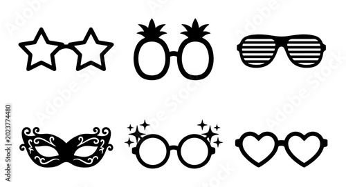 Photos Fun Party Glasses & Masquerade Mask Vector Icons: Novelty Eyewear Collection for