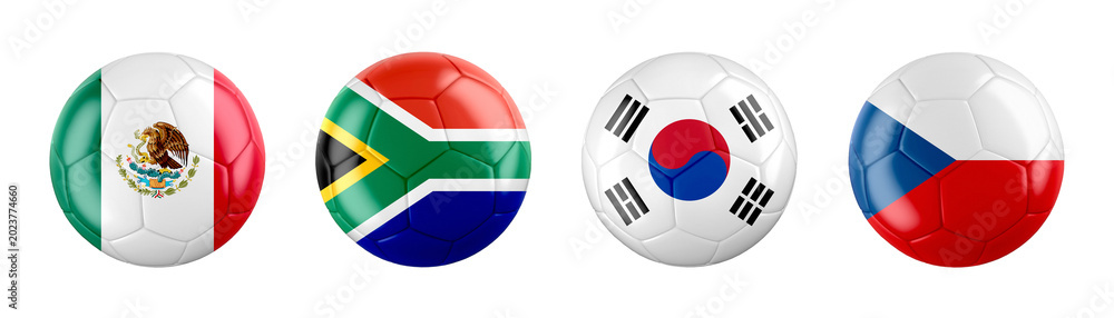 Fototapeta premium World Cup 2026 GROUP A teams ball flags. 3d illustration.