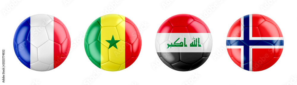 Fototapeta premium World Cup 2026 GROUP I teams ball flags. 3d illustration.