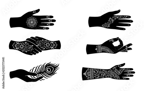 Slika na platnu Intricate Henna Hand Designs, Black Silhouette Vector Art Set for Mehndi and Bod