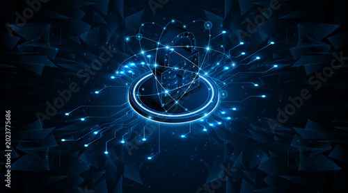 Digital cyber security concept with glowing blue padlock on circuit board background. Global network data protection and privacy technology