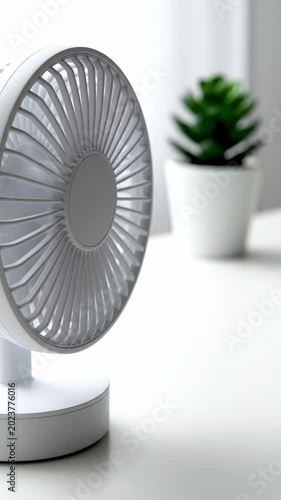 White desk fan with soft blur plant in minimalist room
