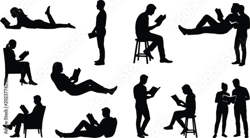 Foto Black silhouettes of people reading books in diverse postures, sitting, standing