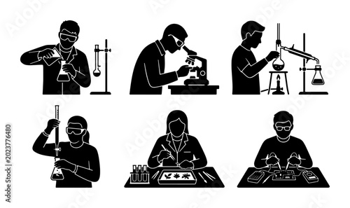 Foto Science Lab Icons Set: Researchers Conducting Experiments, Microscopy, Distillat