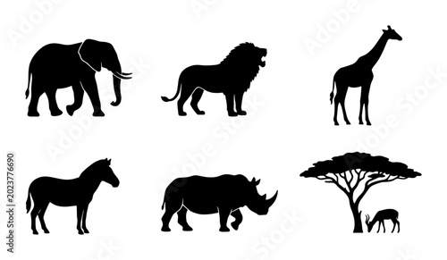 Bild auf Leinwand African Wildlife Silhouette Collection: Elephant, Lion, Giraffe, Zebra, Rhino, A