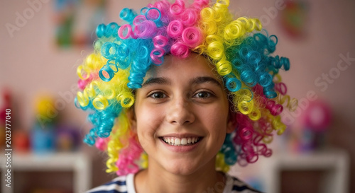 Naklejka Smiling adolescent wearing costume wig, showcasing vibrant curly hair in pink, yellow, blue, purple. Cheerful girl poses with her playful adolescent wearing costume wig.