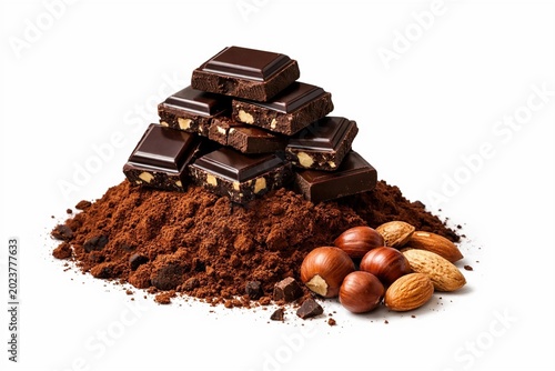 Stacked dark chocolate squares on a pile of cocoa powder with whole hazelnuts and almonds, isolated on a white background.