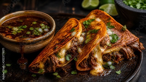Gourmet birria tacos filled with slow cooked shredded beef and melted cheese served with a side of savory dipping consomme broth in this professional food photograph captured for menu display