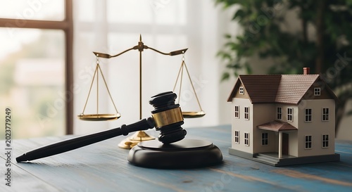 Legal representation for property disputes gavel scales of justice and model home