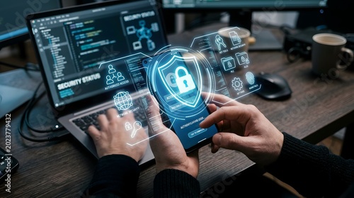 Online banking security and digital authentication on laptop and smartphone, secure internet transaction concept
