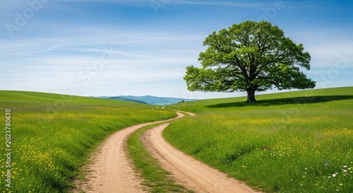 A scenic dirt road curves through a vibrant green meadow toward a majestic oak tree under a clear sky with rolling hills in the distance, travel, tree, peaceful