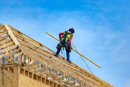 Low-angle view of a construction worker wearing a safety harness and hard hat carrying a wooden board while walking on roof trusses at a residential building site, USA