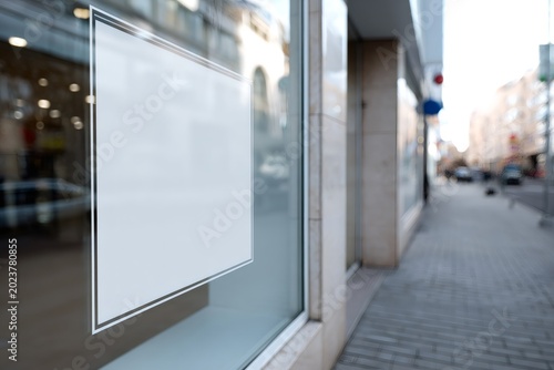 Blank white sign on a glass storefront window. Empty poster mockup for advertising or a logo in a city street setting. Retail business display with copy space