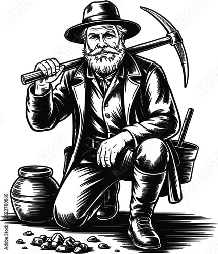 Foto Vintage gold miner engraving illustration with pickaxe treasure prospector vecto