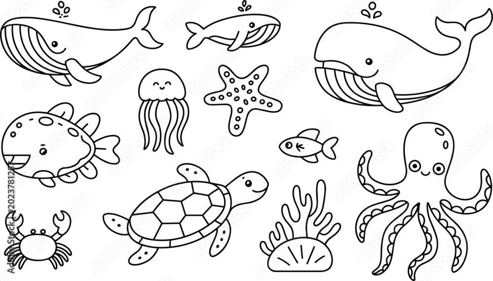Fototapeta premium Cute sea animal outline collection with whale octopus turtle jellyfish and fish vector illustration isolated marine design set
