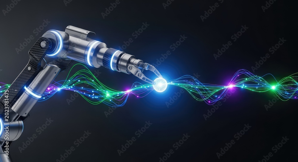 Naklejka premium A sleek metallic robot arm carefully harvests glowing digital nodes from an intricate glowing network of interconnected community data paths, flow, virtual, innovation