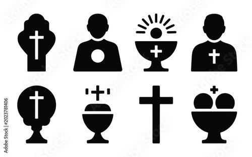 Foto Holy sacrament icons set with silhouettes and symbols for christian worship and