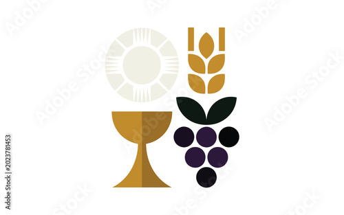 Eucharist symbols illustration with bread wine wheat and host