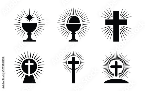 Christianity symbols bundle with cross and chalice icons in black silhouette