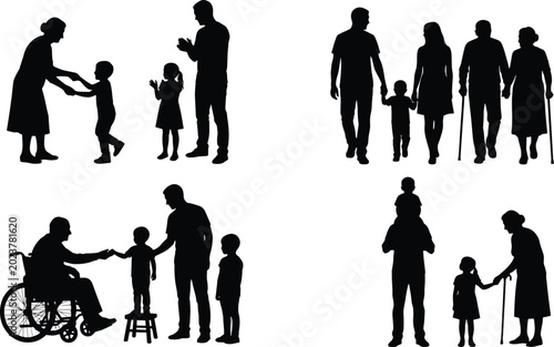 Tableau sur toile Minimalist silhouette collection of diverse family interactions showing parents,