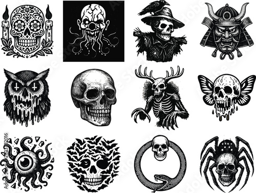 Skull and Monster Symbols with Raven Samurai Spider and Candle Motifs for Horror Theme