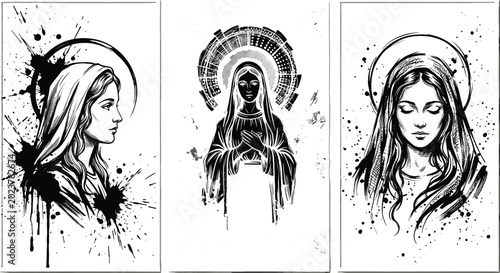 Foto Virgin Mary hand drawn sketch triptych set with beautiful portraits holy madonna