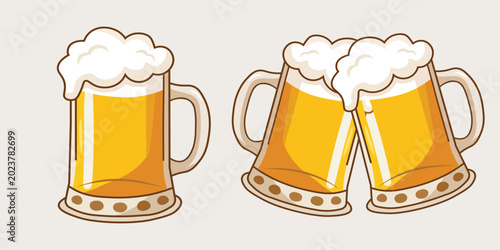 Frothy Beer Mug Vintage Style Vector Illustration – Cheers Toast, Clinking Glasses, Refreshing Lager with Foam. Bar, icon