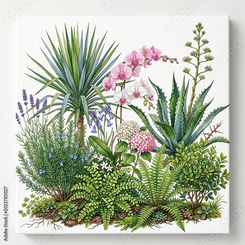 Tropical palm tree with flowers in a garden nature scene