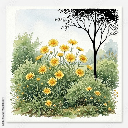 Spring meadow with blooming flowers and green grass in a garden