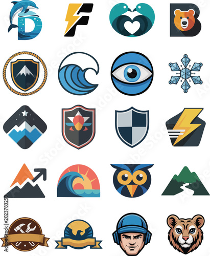 Nature and Animal Symbols with Shield Wave Mountain and Lightning Emblems