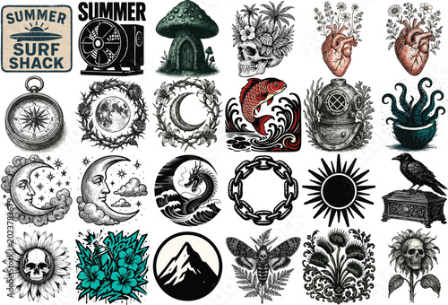 Skull Moon Heart and Ocean Symbols with Nature and Mystical Emblems Collection